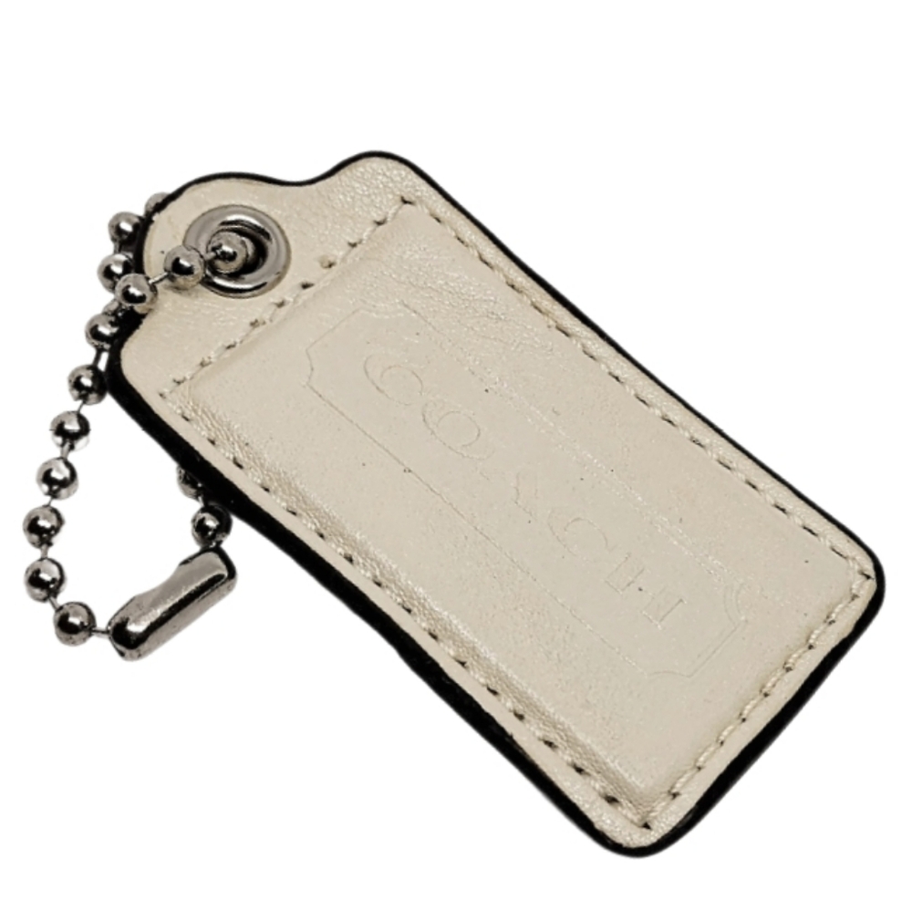 🦪 3" XL Coach Shimmery Pearl White Leather Hangtag Bag Fob Purse Charm Keychain